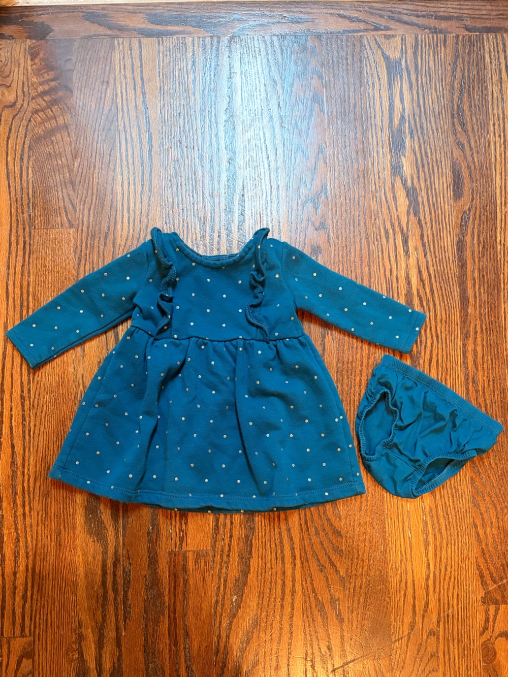 Carter's Teal Sweater dress with Gold Dots and matching bloomers